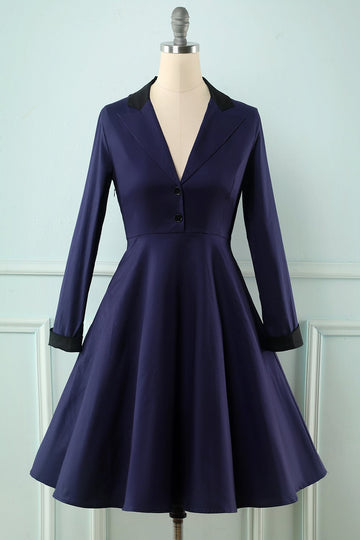 Vestido de balanço de mangas compridas da Marinha